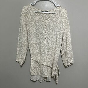 North Face Womens Tunic Blouse L Tan White Ikat 3/4 Sleeve Tie Waist Lagenlook